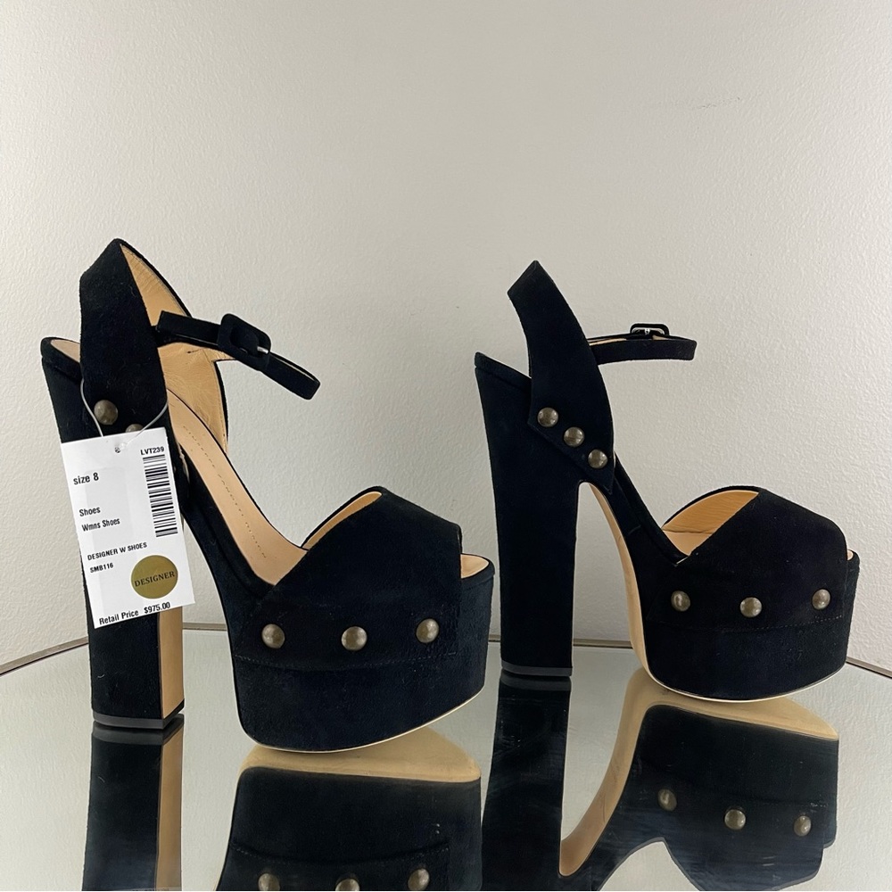 GIUSEPPE ZANOTTI Black Suede Brass Stud Betty Alien Platform Peep Toe Heels - Picture 2 of 14